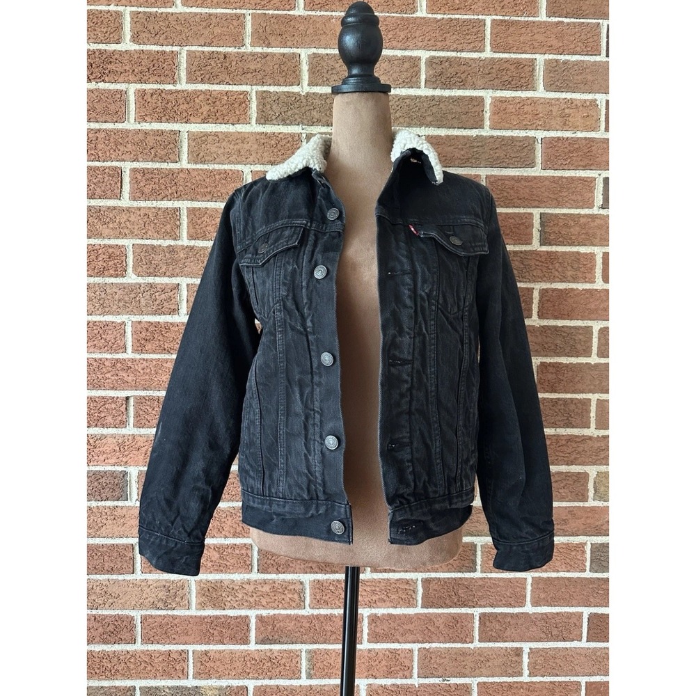 Levis Denim Trucker Jacket Mens Medium Black Sherpa Lined Faux Fur Collar Coat